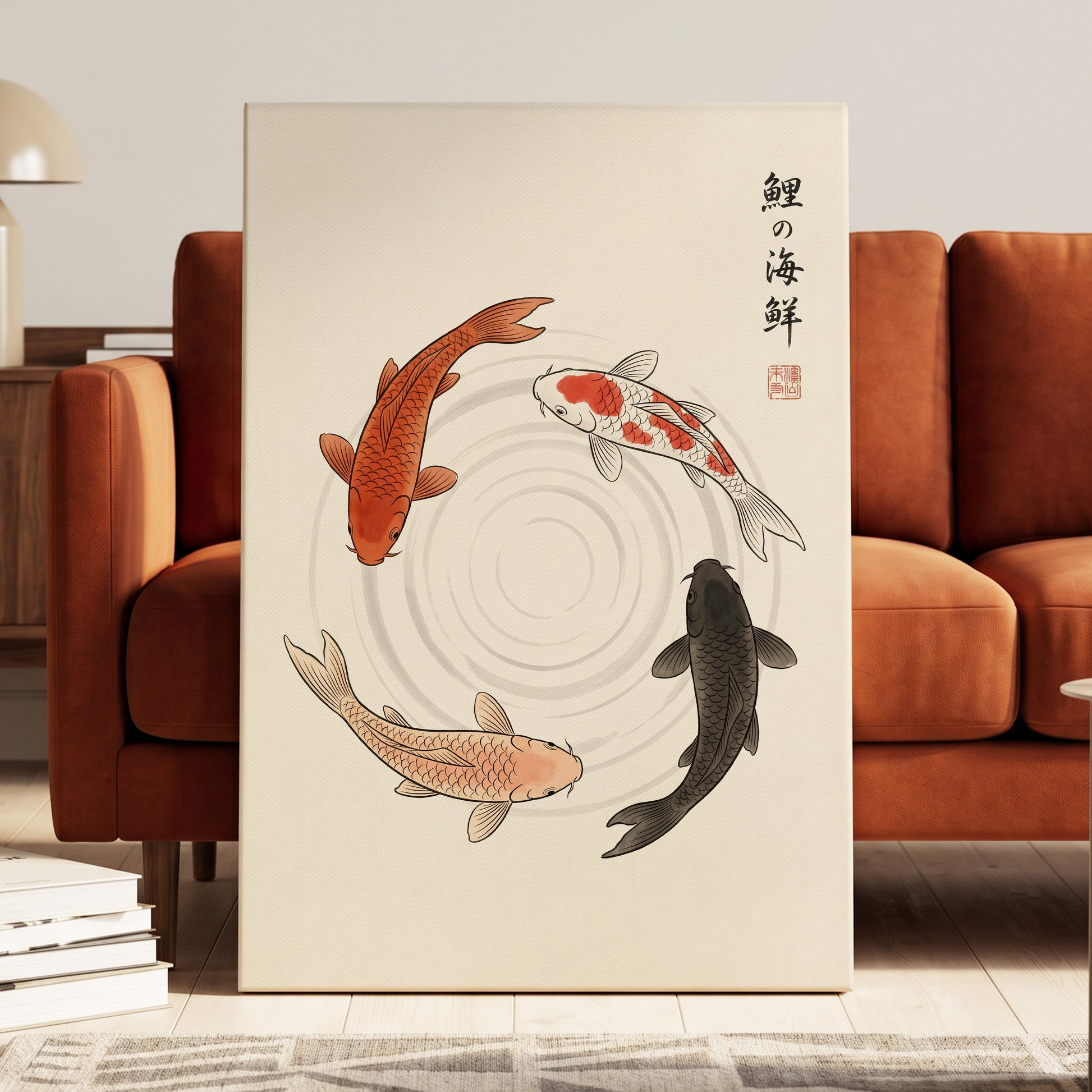 Koi in Quiet Circles, beige, orange, red nature wall art displayed in a styled interior, gallery view 7