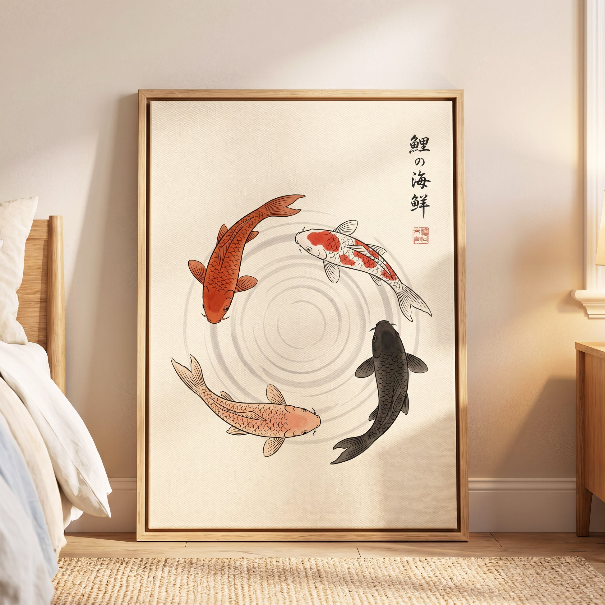 Koi in Quiet Circles, beige, orange, red nature wall art displayed in a styled interior, gallery view 8