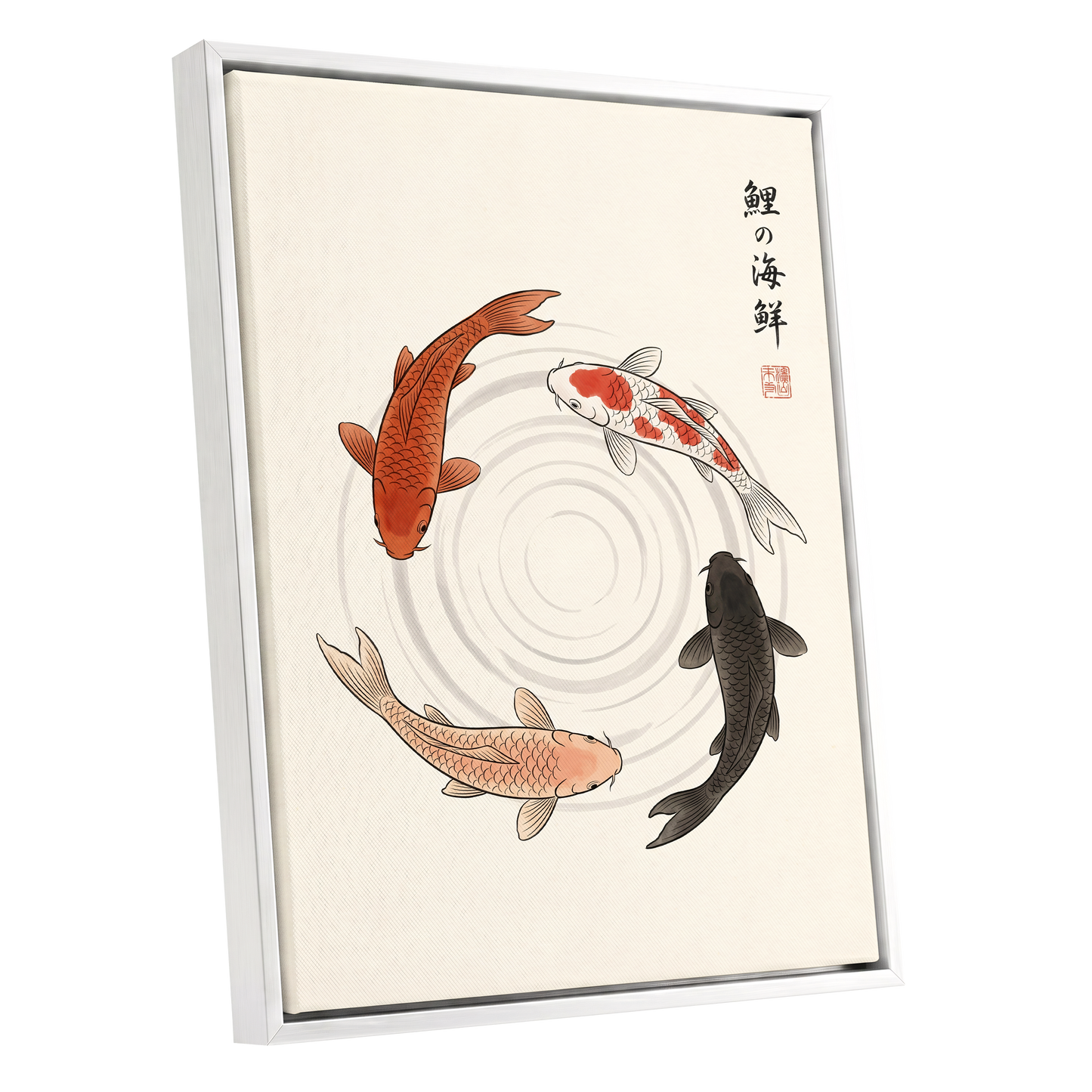 Koi in Quiet Circles, beige, orange, red nature wall art shown as a white framed canvas wall art
