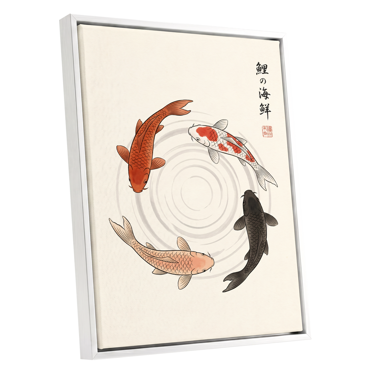 Koi in Quiet Circles, beige, orange, red nature wall art shown as a white framed canvas wall art