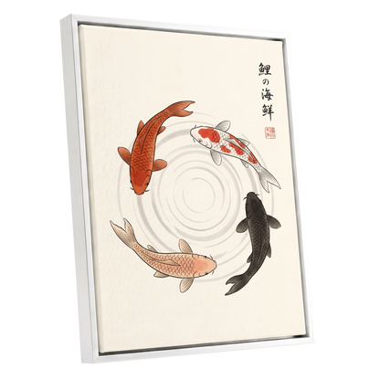 Koi in Quiet Circles, beige, orange, red nature wall art shown as a white framed canvas wall art