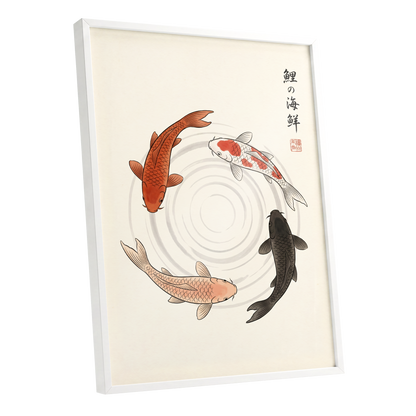Koi in Quiet Circles, beige, orange, red nature wall art shown as a white framed poster wall art print