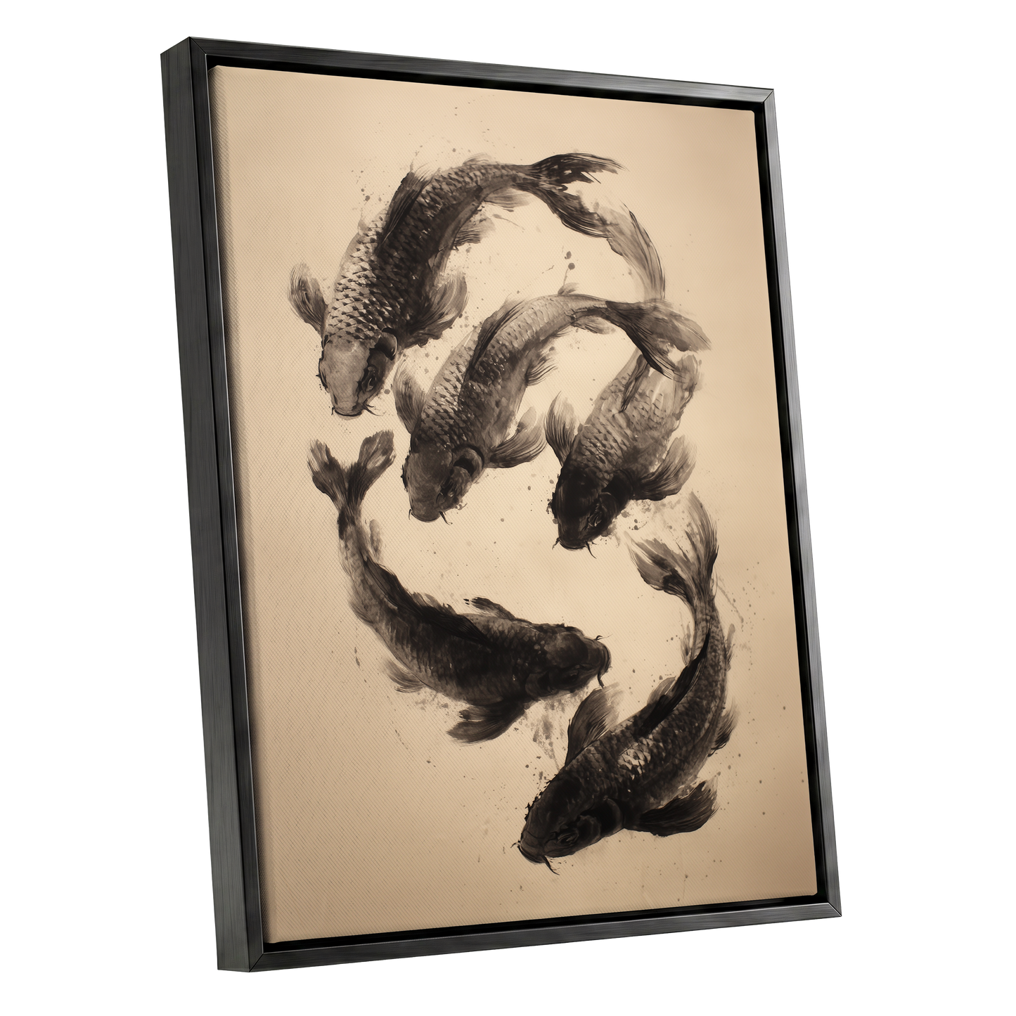 Koi in Quiet Currents, black, beige, brown nature wall art shown as a black framed canvas wall art