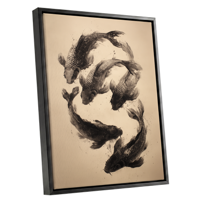 Koi in Quiet Currents, black, beige, brown nature wall art shown as a black framed canvas wall art