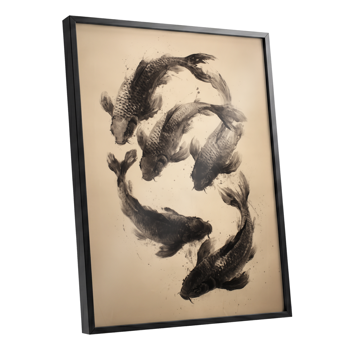 Koi in Quiet Currents, black, beige, brown nature wall art shown as a black framed poster wall art print