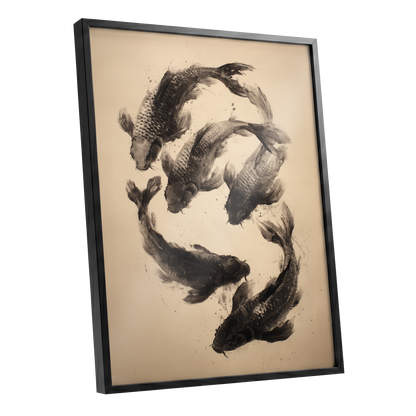 Koi in Quiet Currents, black, beige, brown nature wall art shown as a black framed poster wall art print