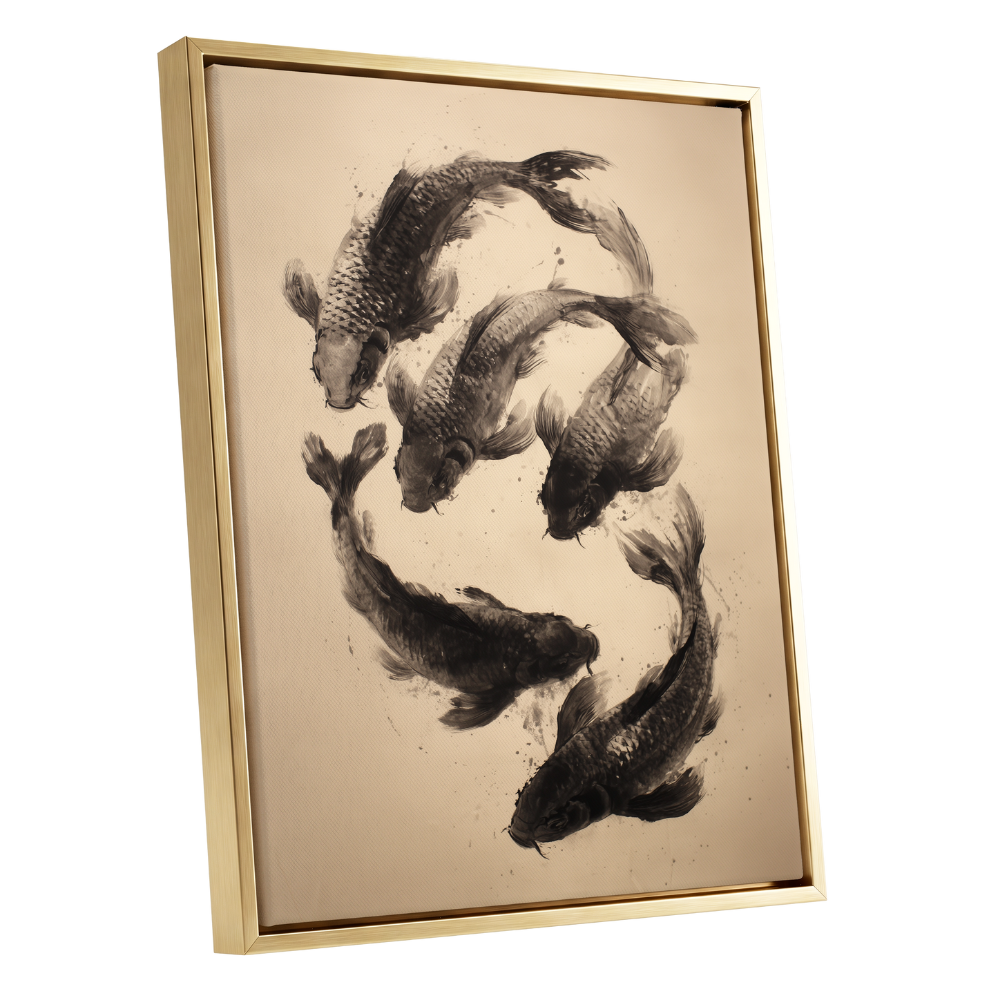 Koi in Quiet Currents, black, beige, brown nature wall art shown as a gold framed canvas wall art