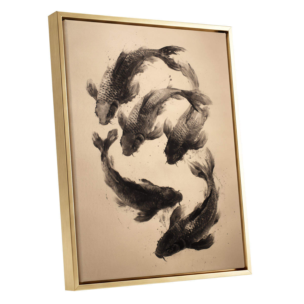 Koi in Quiet Currents, black, beige, brown nature wall art shown as a gold framed canvas wall art