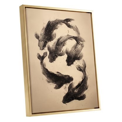 Koi in Quiet Currents, black, beige, brown nature wall art shown as a gold framed canvas wall art