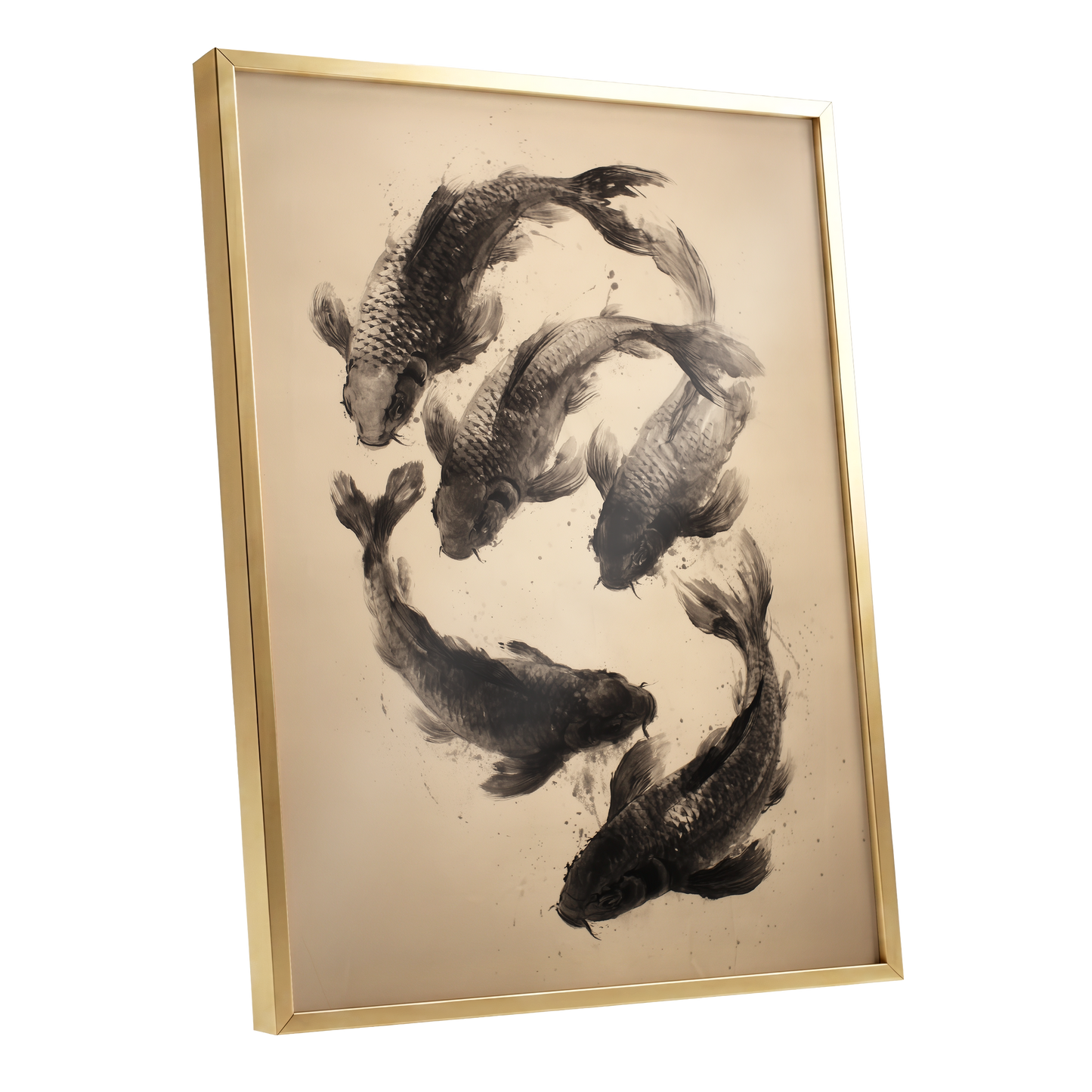 Koi in Quiet Currents, black, beige, brown nature wall art shown as a gold framed poster wall art print