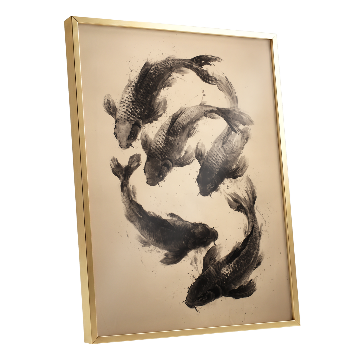 Koi in Quiet Currents, black, beige, brown nature wall art shown as a gold framed poster wall art print