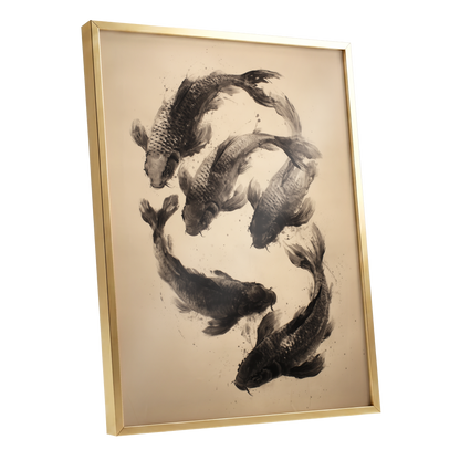 Koi in Quiet Currents, black, beige, brown nature wall art shown as a gold framed poster wall art print