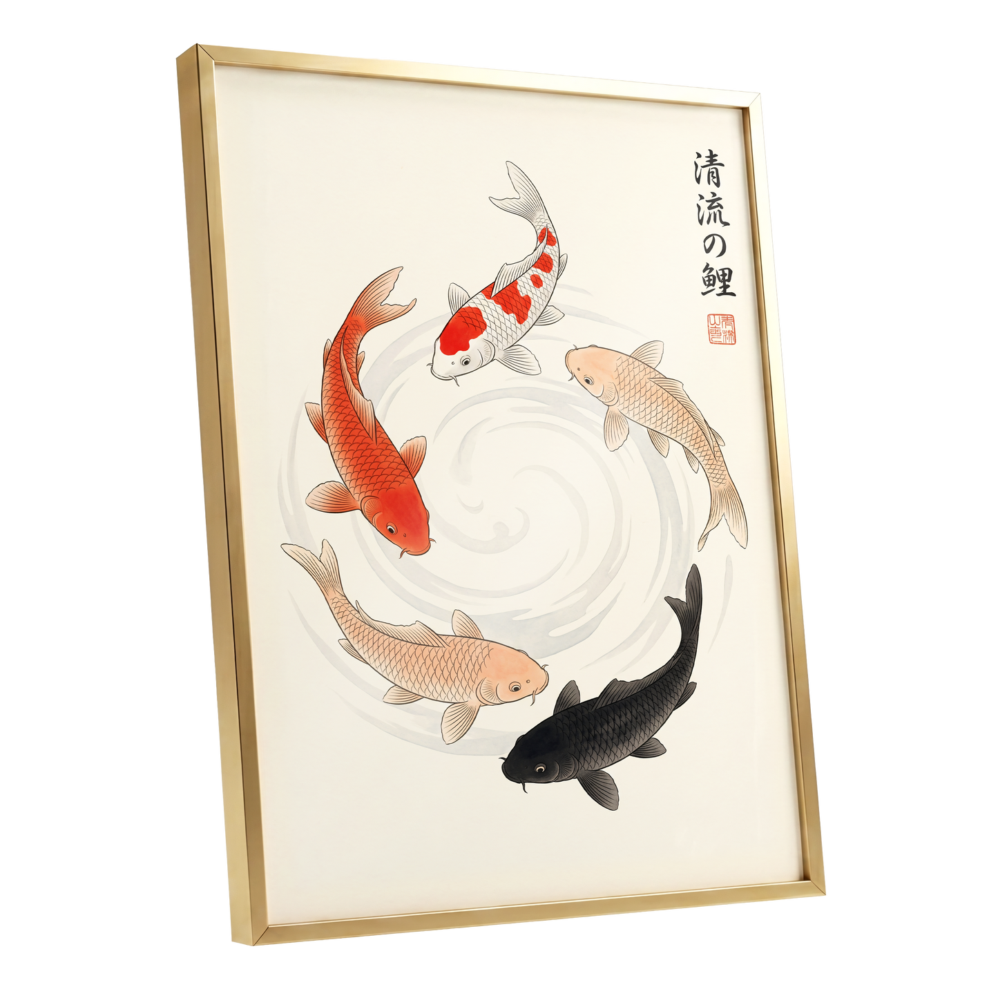 Koi in Quiet Currents, beige, red, orange nature wall art shown as a gold framed poster wall art print