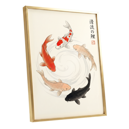 Koi in Quiet Currents, beige, red, orange nature wall art shown as a gold framed poster wall art print