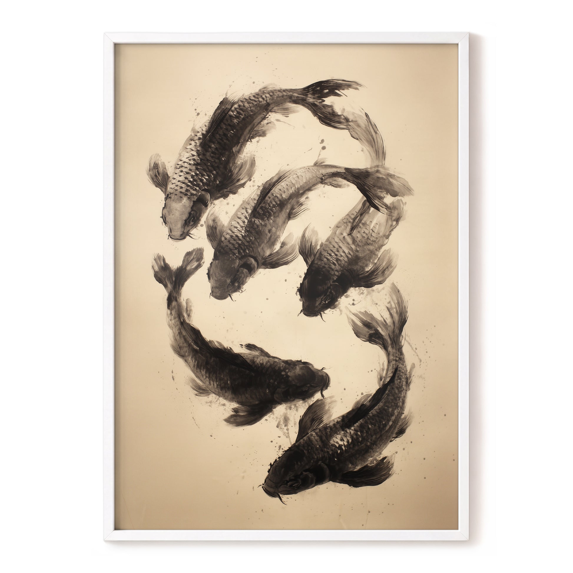 Koi in Quiet Currents, black, beige, brown nature wall art, front artwork view