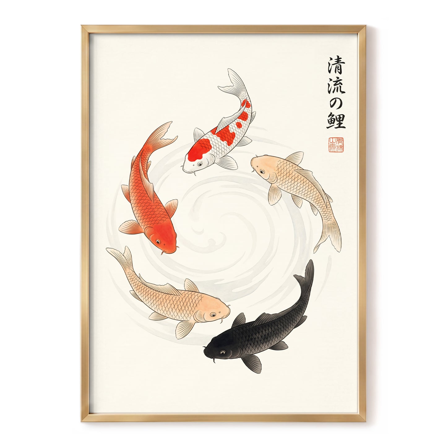 Koi in Quiet Currents, beige, red, orange nature wall art, front artwork view