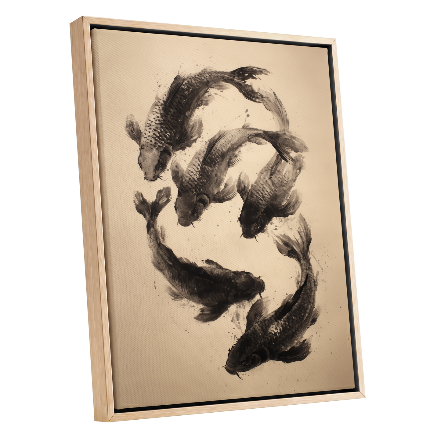 Koi in Quiet Currents, black, beige, brown nature wall art shown as a oak framed canvas wall art
