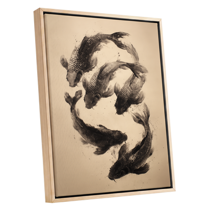 Koi in Quiet Currents, black, beige, brown nature wall art shown as a oak framed canvas wall art