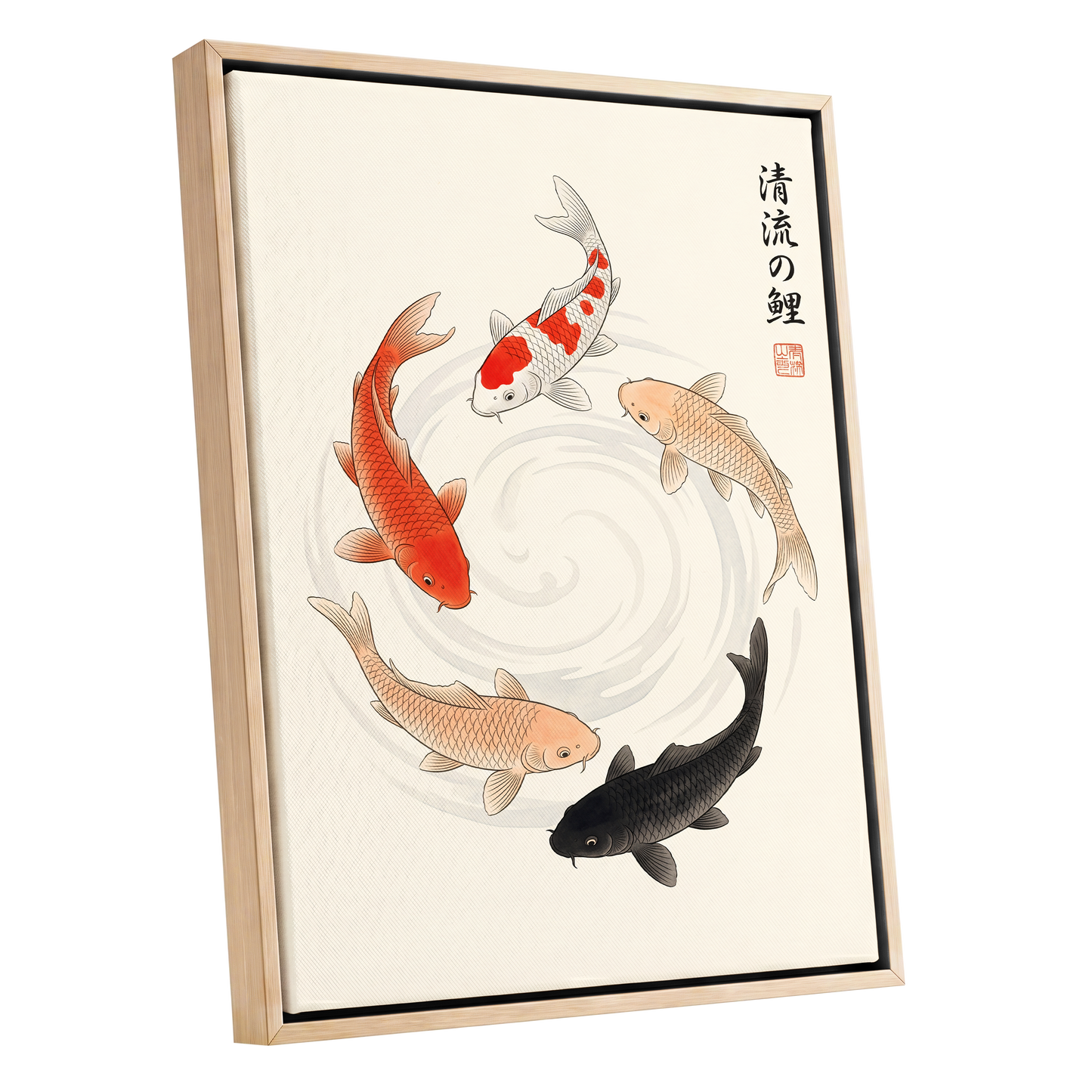 Koi in Quiet Currents, beige, red, orange nature wall art shown as a oak framed canvas wall art