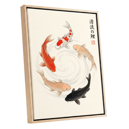 Koi in Quiet Currents, beige, red, orange nature wall art shown as a oak framed canvas wall art