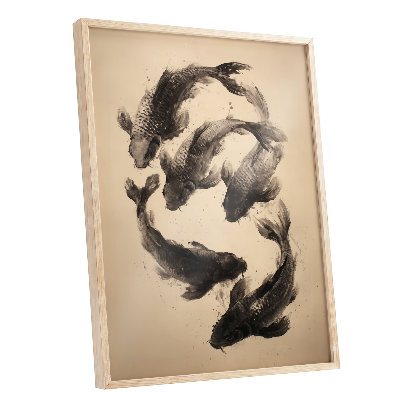 Koi in Quiet Currents, black, beige, brown nature wall art shown as a oak framed poster wall art print