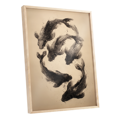 Koi in Quiet Currents, black, beige, brown nature wall art shown as a oak framed poster wall art print