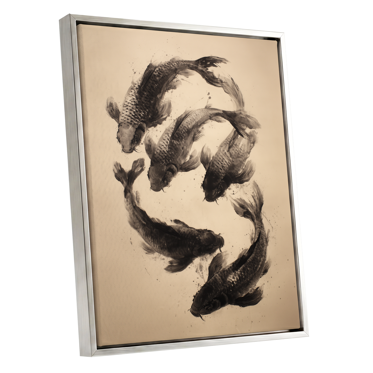 Koi in Quiet Currents, black, beige, brown nature wall art shown as a silver framed canvas wall art