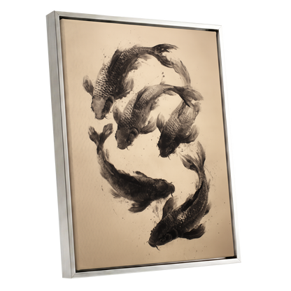Koi in Quiet Currents, black, beige, brown nature wall art shown as a silver framed canvas wall art