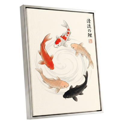 Koi in Quiet Currents, beige, red, orange nature wall art shown as a silver framed canvas wall art