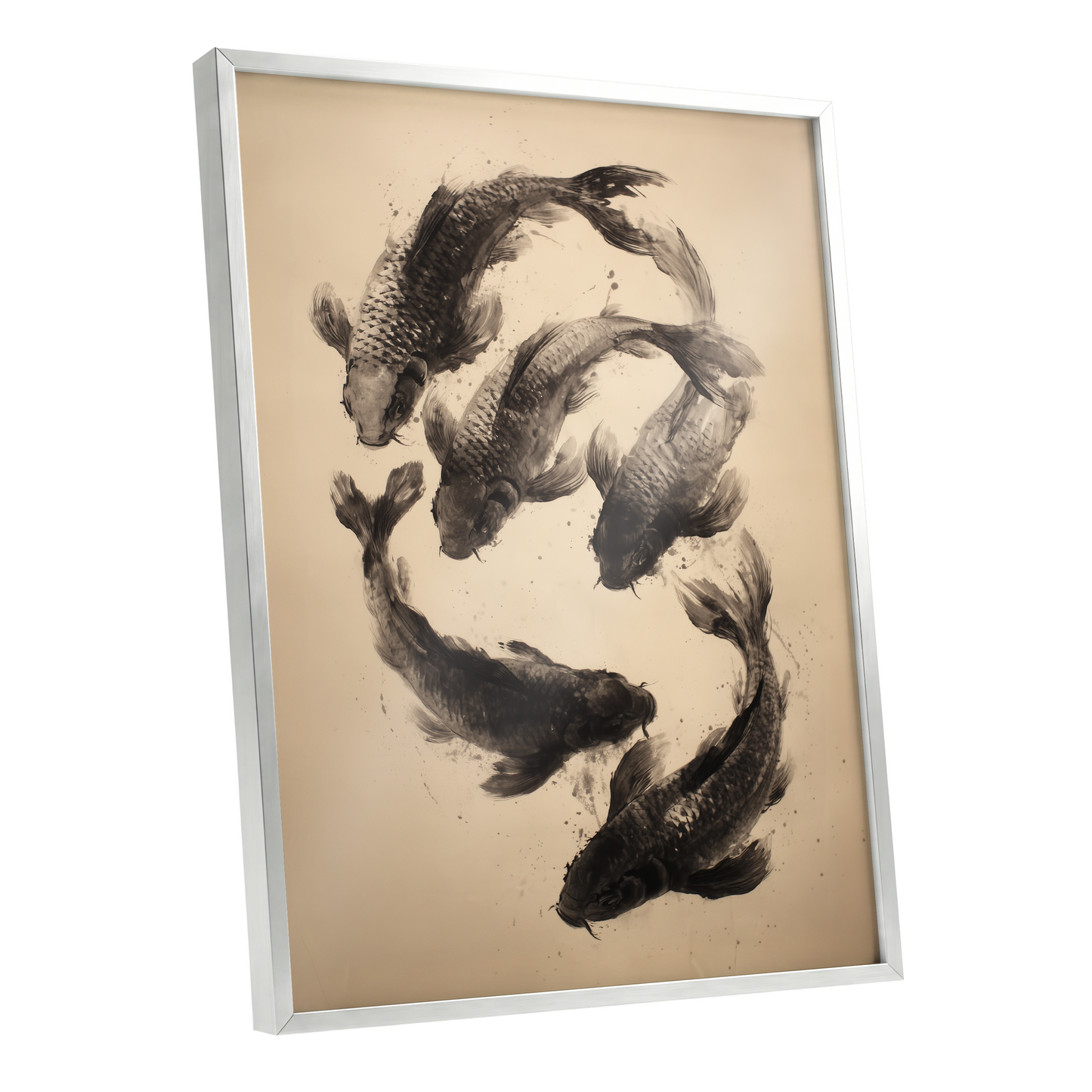 Koi in Quiet Currents, black, beige, brown nature wall art shown as a silver framed poster wall art print