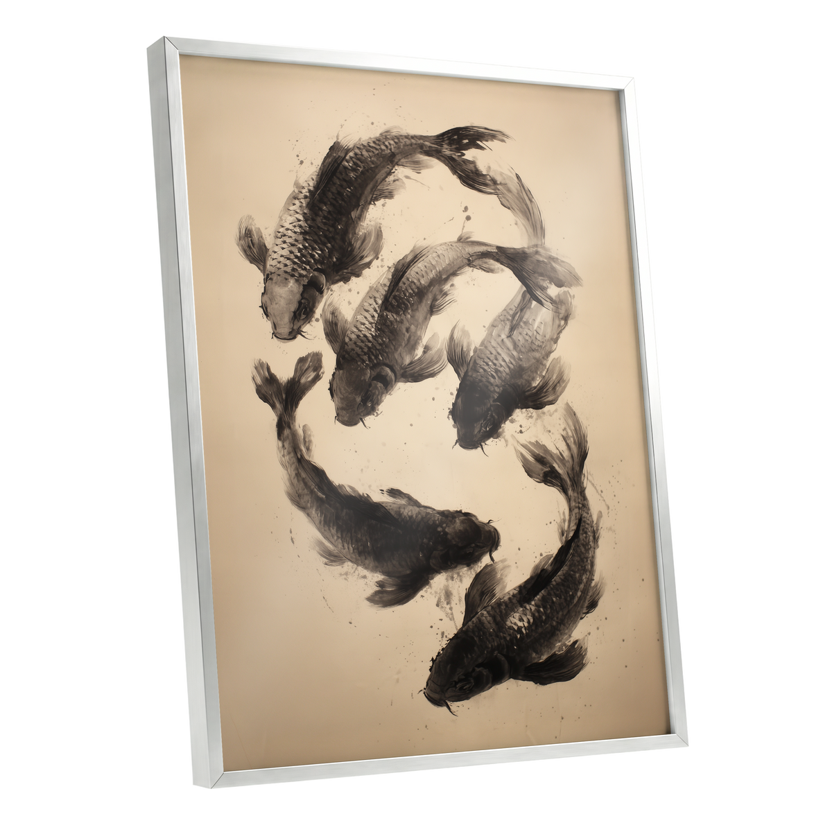 Koi in Quiet Currents, black, beige, brown nature wall art shown as a silver framed poster wall art print