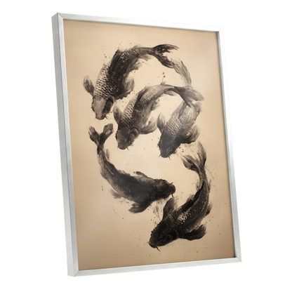 Koi in Quiet Currents, black, beige, brown nature wall art shown as a silver framed poster wall art print