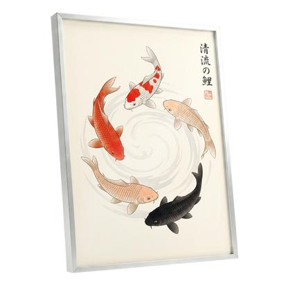 Koi in Quiet Currents, beige, red, orange nature wall art shown as a silver framed poster wall art print
