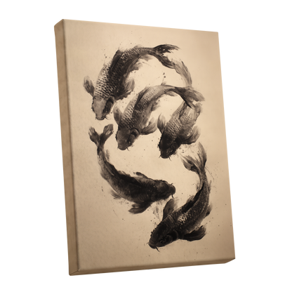 Koi in Quiet Currents, black, beige, brown nature wall art shown as a stretched canvas wall art
