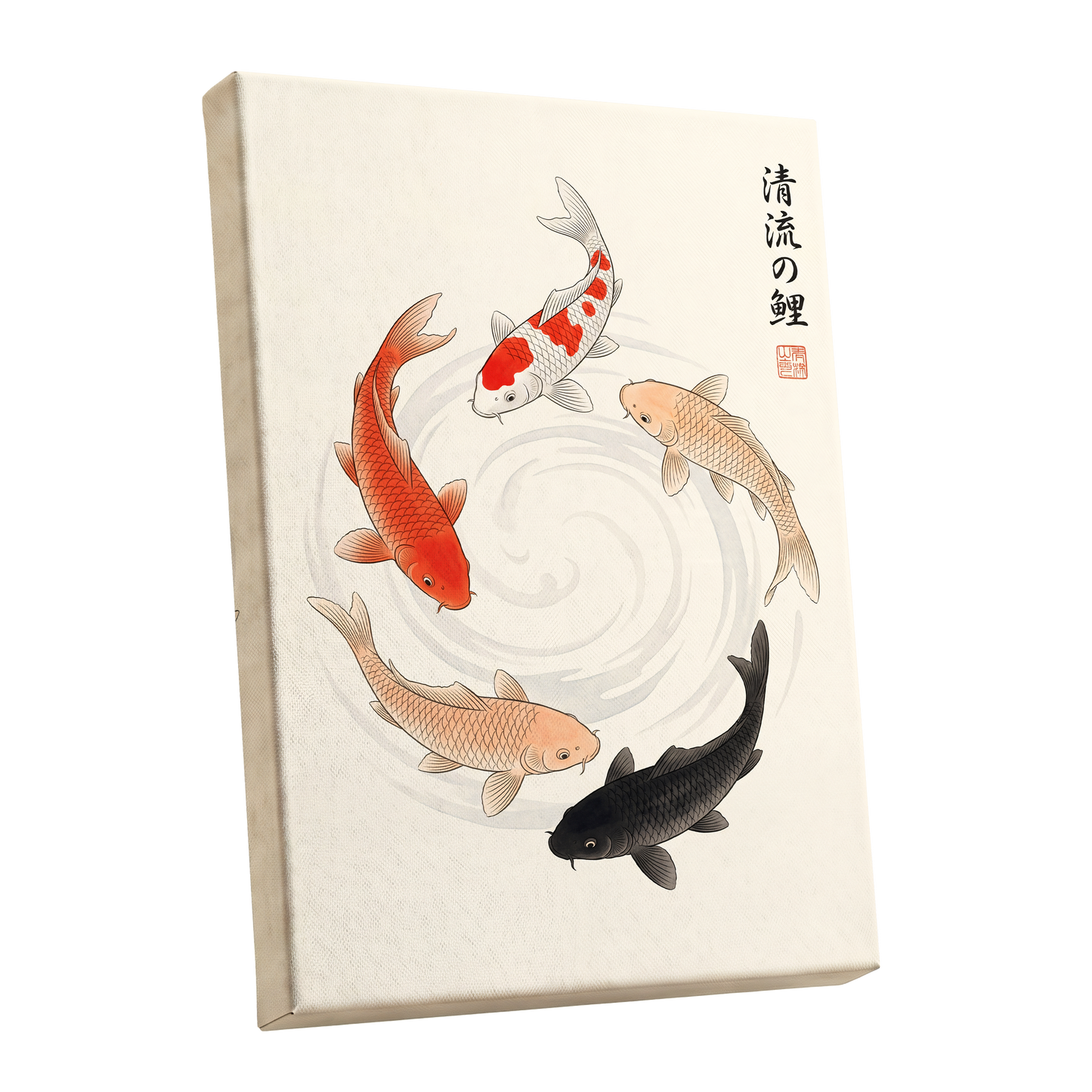 Koi in Quiet Currents, beige, red, orange nature wall art shown as a stretched canvas wall art