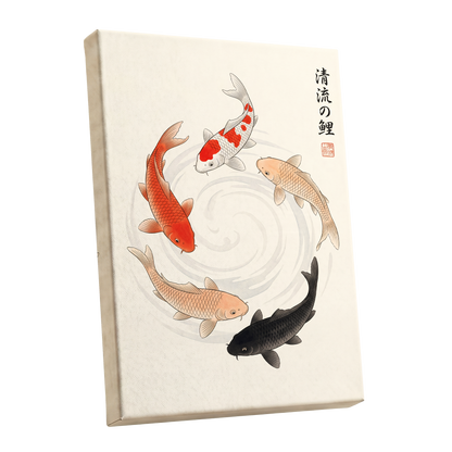 Koi in Quiet Currents, beige, red, orange nature wall art shown as a stretched canvas wall art