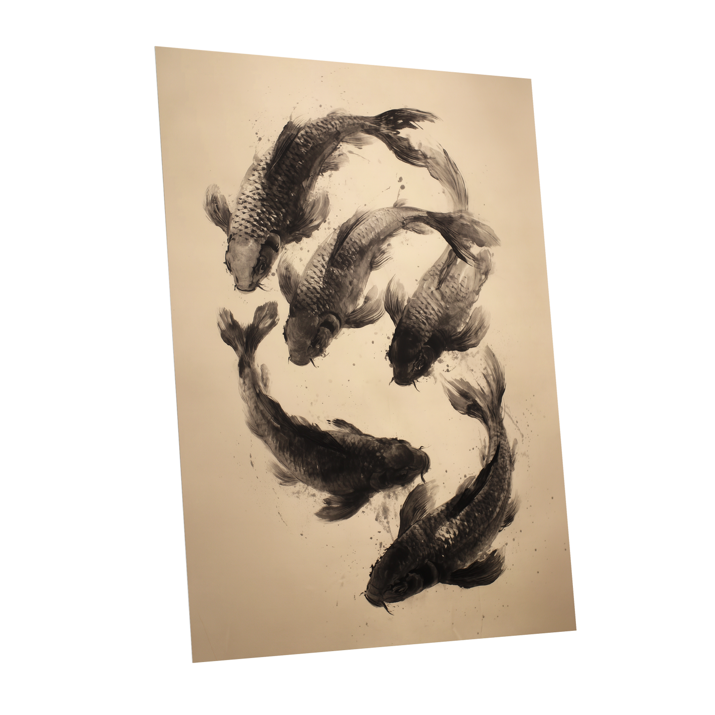 Koi in Quiet Currents, black, beige, brown nature wall art shown as a unframed poster wall art print