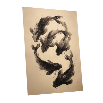Koi in Quiet Currents, black, beige, brown nature wall art shown as a unframed poster wall art print