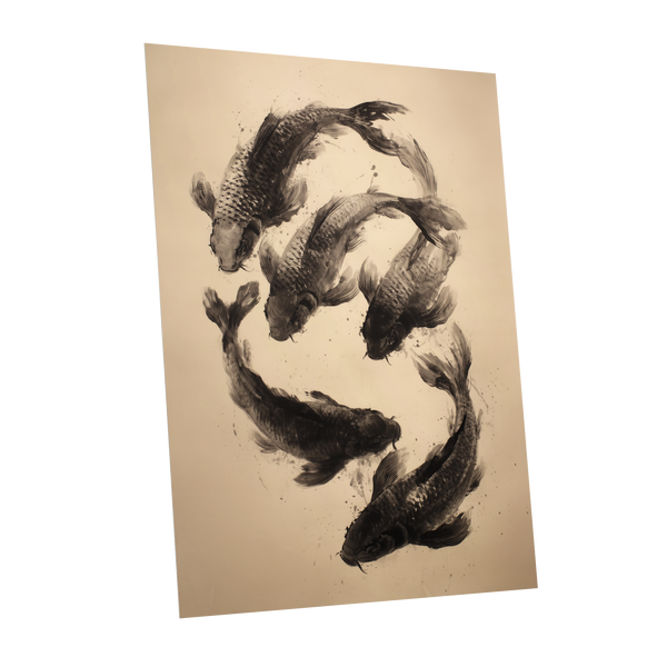 Koi in Quiet Currents, black, beige, brown nature wall art shown as a unframed poster wall art print