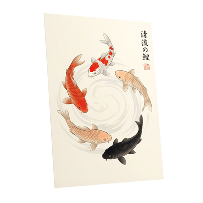 Koi in Quiet Currents, beige, red, orange nature wall art shown as a unframed poster wall art print