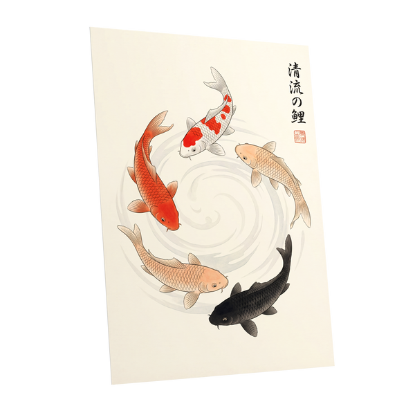 Koi in Quiet Currents, beige, red, orange nature wall art shown as a unframed poster wall art print