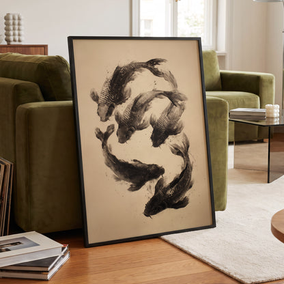 Koi in Quiet Currents, black, beige, brown nature wall art displayed in a styled interior, gallery view 2