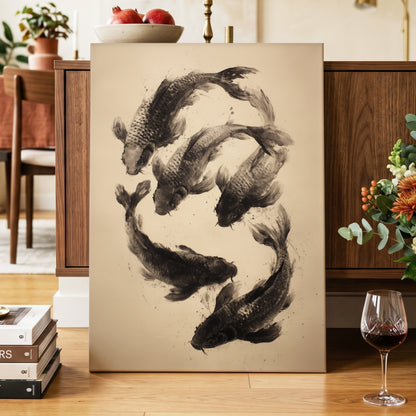 Koi in Quiet Currents, black, beige, brown nature wall art displayed in a styled interior, gallery view 3