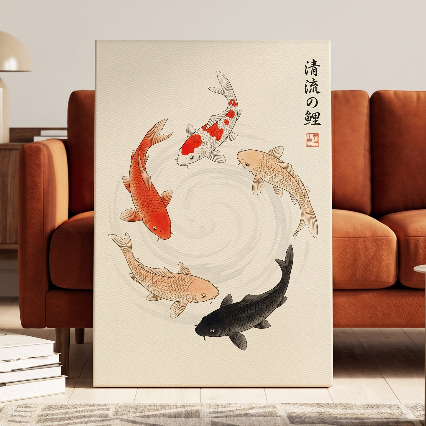 Koi in Quiet Currents, beige, red, orange nature wall art displayed in a styled interior, gallery view 3