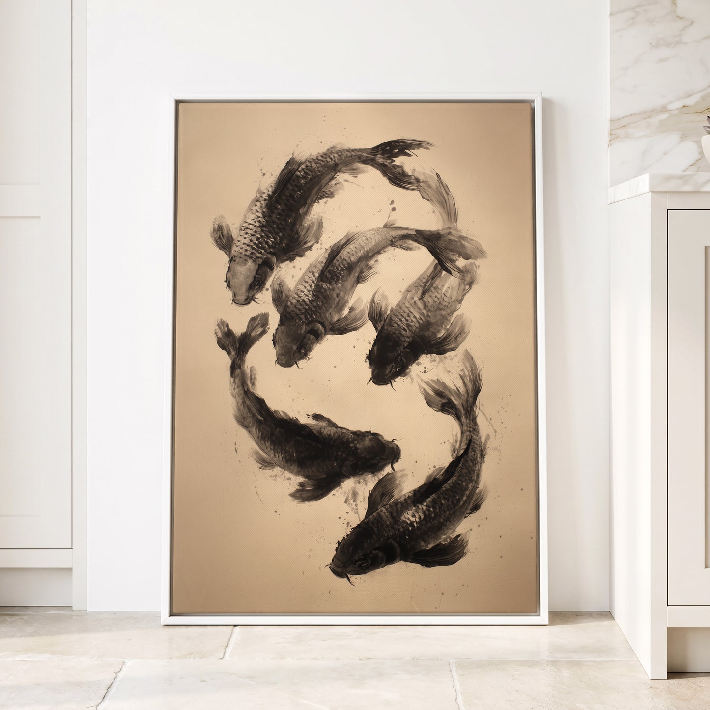 Koi in Quiet Currents, black, beige, brown nature wall art displayed in a styled interior, gallery view 4