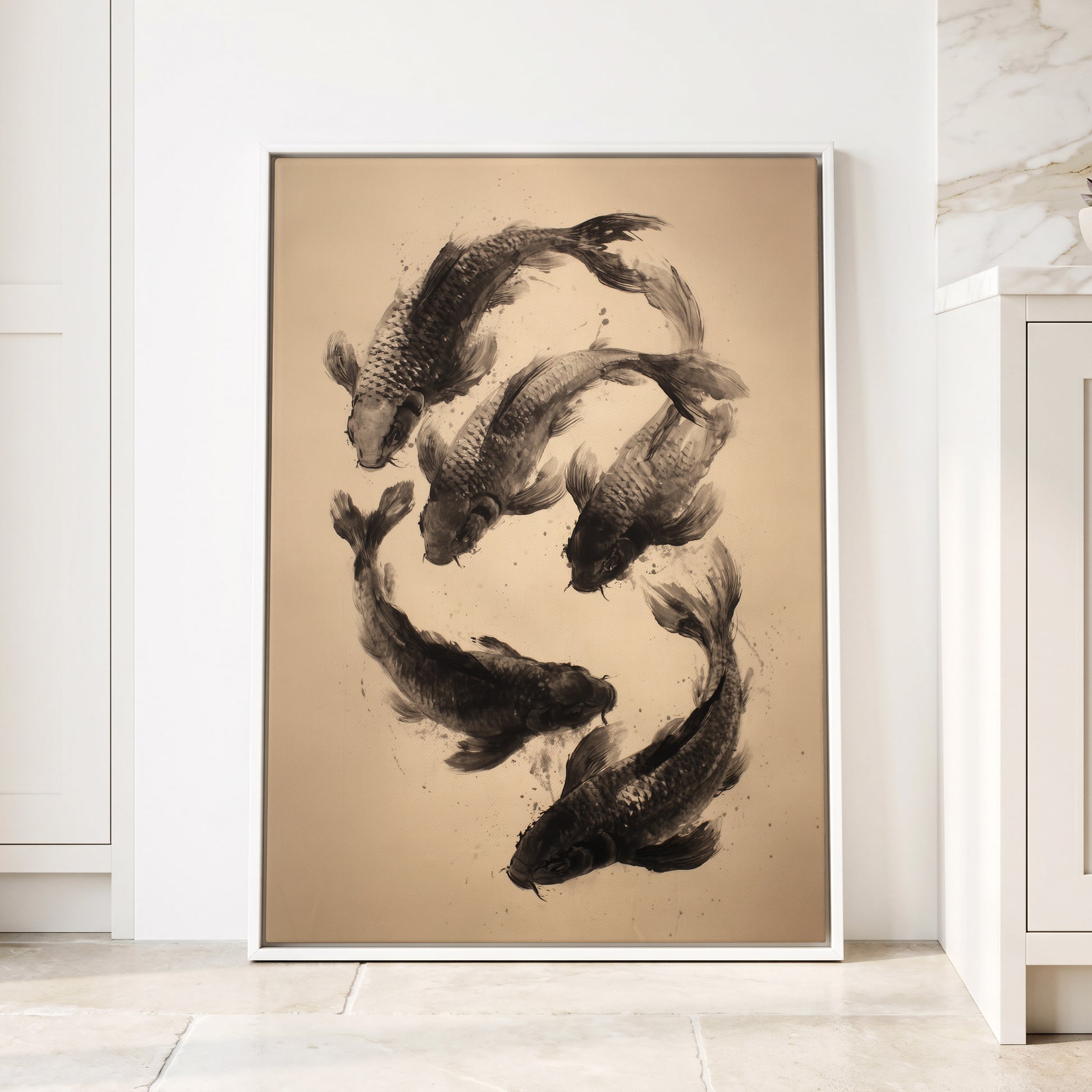 Koi in Quiet Currents, black, beige, brown nature wall art displayed in a styled interior, gallery view 4