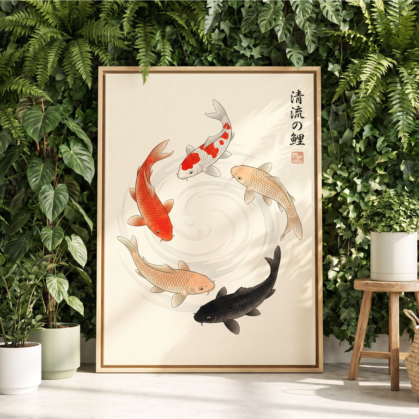 Koi in Quiet Currents, beige, red, orange nature wall art displayed in a styled interior, gallery view 4