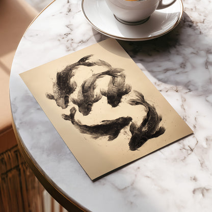 Koi in Quiet Currents, black, beige, brown nature wall art displayed in a styled interior, gallery view 5