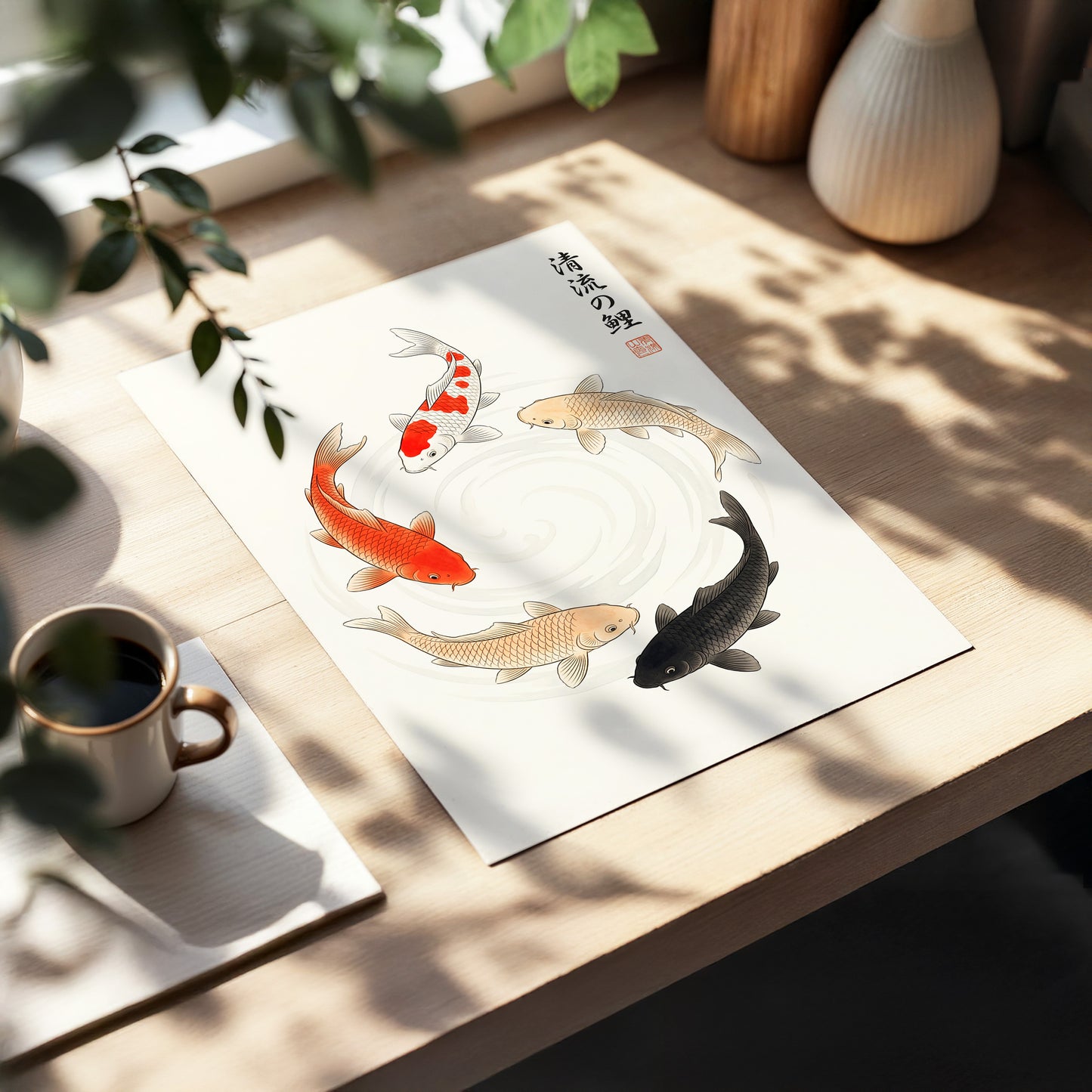 Koi in Quiet Currents, beige, red, orange nature wall art displayed in a styled interior, gallery view 5