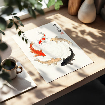 Koi in Quiet Currents, beige, red, orange nature wall art displayed in a styled interior, gallery view 5